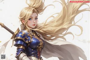 A woman with long blonde hair holding a sword.